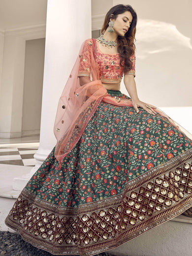 Captivating Green-Orange Sequins Embroidered Silk Wedding Wear Lehenga Choli